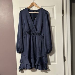 Express satin ruffle hem wrap dress in blue